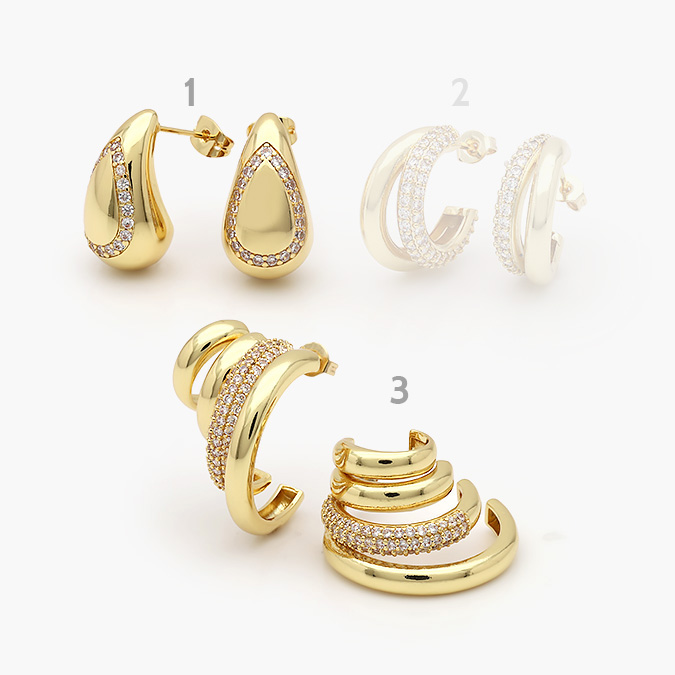 marcaca262 Aretes Triples Gotas Zirconias Chapa de Oro 0446 - Imagen 1