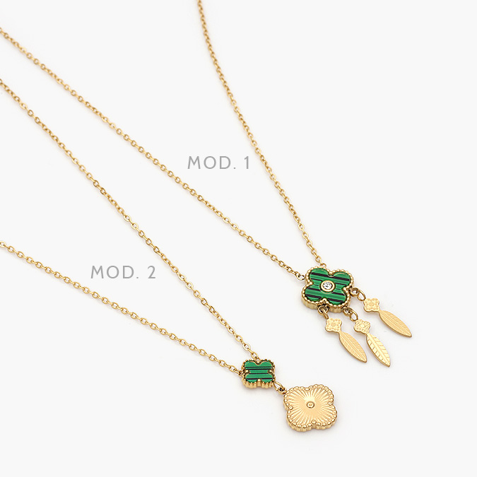 AD0440 Collar Flores Treboles Esmalte Verde Acero Inoxidable 440 - Imagen 1