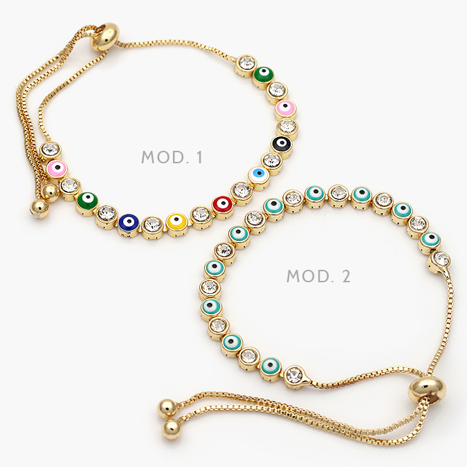 CP0216 Pulso Ojo Turco Verdes y Colores Zirconias Chapa de Oro 216 - Imagen 1