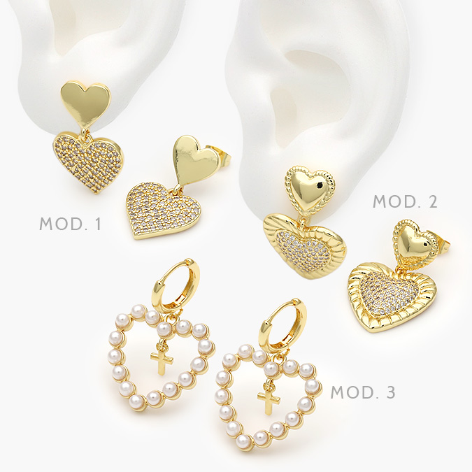 CA10578 Aretes Corazones Perlas Chapa de Oro 578 - Imagen 1
