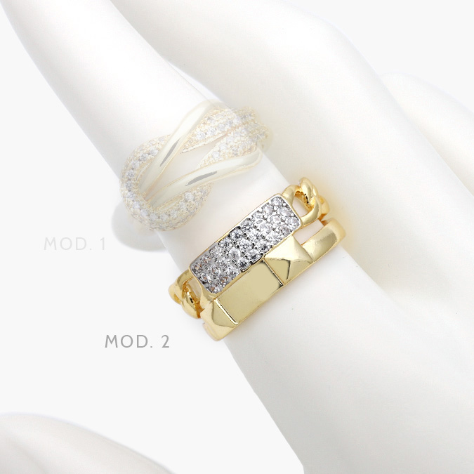 ctb1139 Anillo Bicolor Zirconias Piedra Blanca Eslabones Chapa de Oro 1139 - Imagen 1