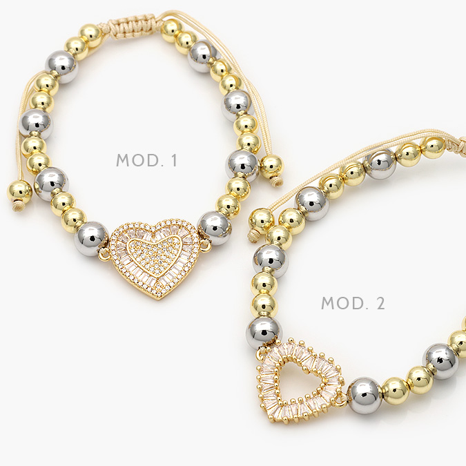 CTP0596 Pulso Ajustable Corazón Zirconias Blancas Bicolor Chapa de Oro 596 - Imagen 1