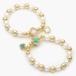 Pulso Perla Flores Treboles Blancas y Verdes Chapa de Oro 607 - Blanco