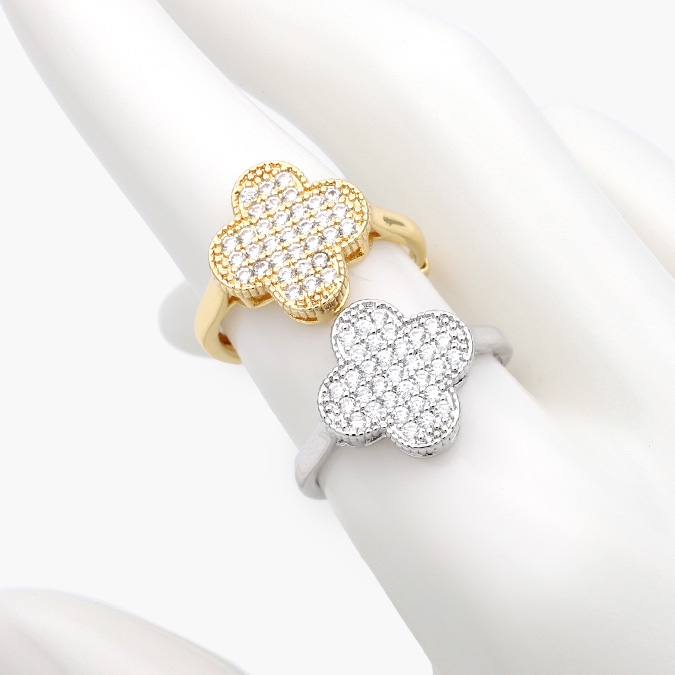 CTB1192 Anillo Ajustable Flor Trebol Zirconias Blancas Chapa de Oro 1192 - Imagen 1