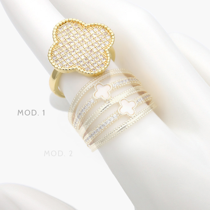 ctb1201 Anillo Ajustable Flor Trebol Zirconias Blancas Chapa de Oro 1201 - Imagen 1