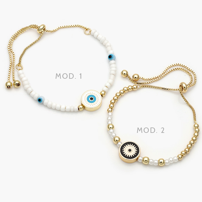 CTP0265 Pulso Ojo Turco Negro y Blanco Perlas Chapa de Oro 265 - Imagen 1