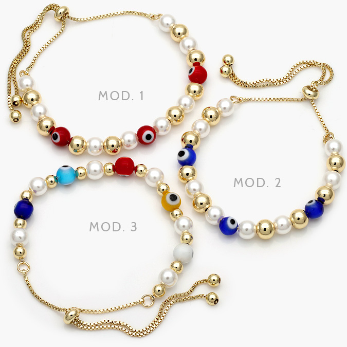 CTP0266 Pulso Ojo Turco Azul Rojo Perlas Chapa de Oro 266 - Imagen 1