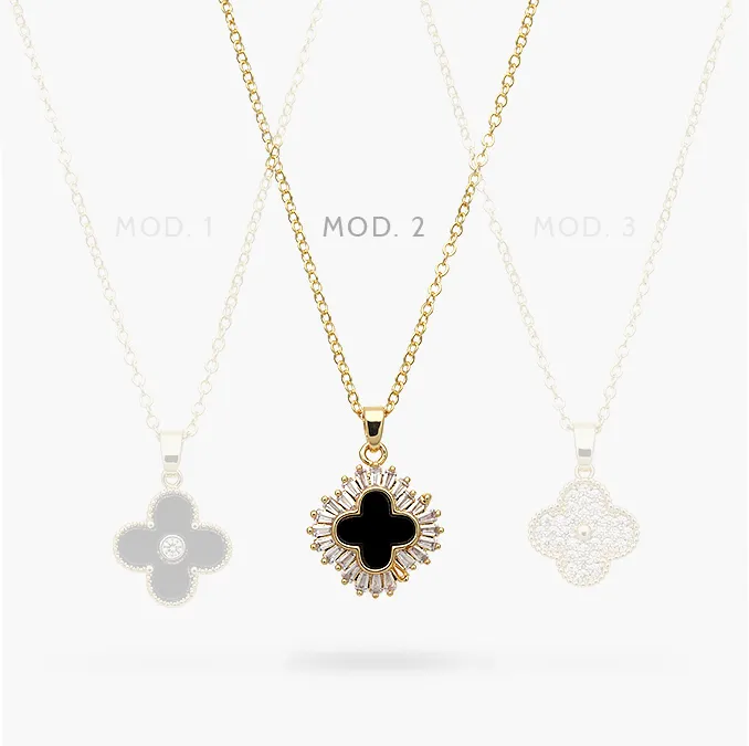 CD0485 Collar Flor Trébol Negro Chapa de Oro 485 - Imagen 1