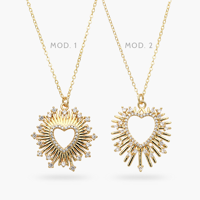 CD0491 Collar Corazón Sol Zirconias Blancas Chapa de Oro 491 - Imagen 1