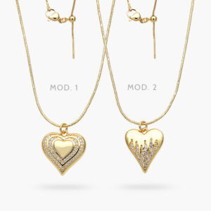 Collar Corazón Llamas Zirconias Blancas Cadena Aguja Chapa de Oro 504