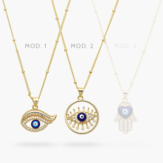 CD0517 Collar Ojo Turco Mano de Fatima Zirconias Blancas Chapa de Oro 517 - Imagen 1
