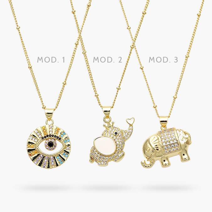CD0524 Collar Elefante Zirconias Blancas Ojo Turco Chapa de Oro 524 - Imagen 1