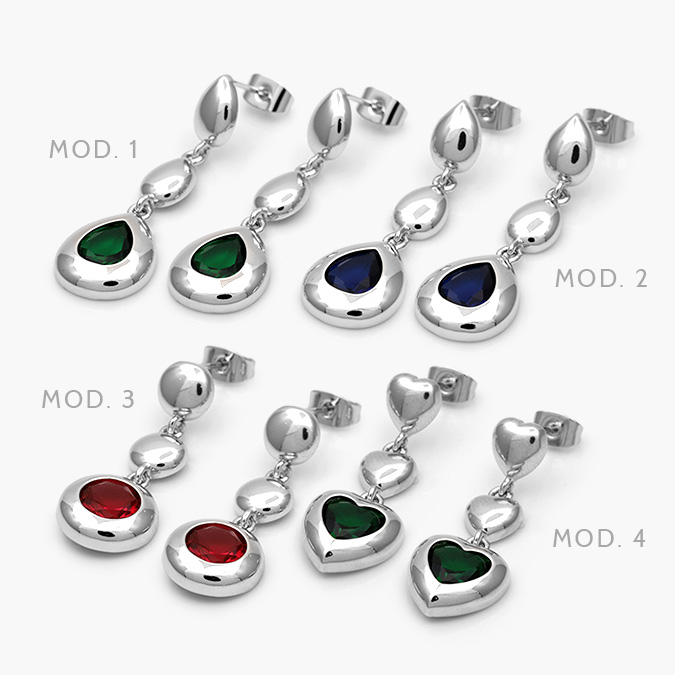 Grupo-40 Aretes Gotas y Corazones Zirconias Verdes Rojas y Azules Chapa de Rodio Grupo 40 - Imagen 1