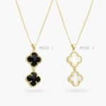 Collar Flor Trébol Zirconias Blancas y Negras Zirconias Chapa de Oro 551