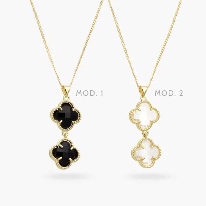 CD0551 Collar Flor Trébol Zirconias Blancas y Negras Zirconias Chapa de Oro 551 - Imagen 1