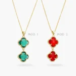 Collar Flor Trébol Zirconias Verdes y Rojas Chapa de Oro 552