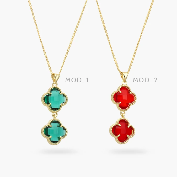 CD0552 Collar Flor Trébol Zirconias Verdes y Rojas Chapa de Oro 552 - Imagen 1