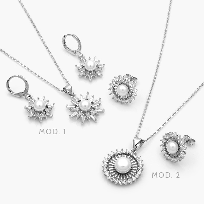 CJ0137 Juego Flores Perlas Zirconias Blancas Chapa de Rodio 137 - Imagen 1