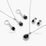 Juego Moños Gotas Zirconias Negras Chapa de Rodio 159