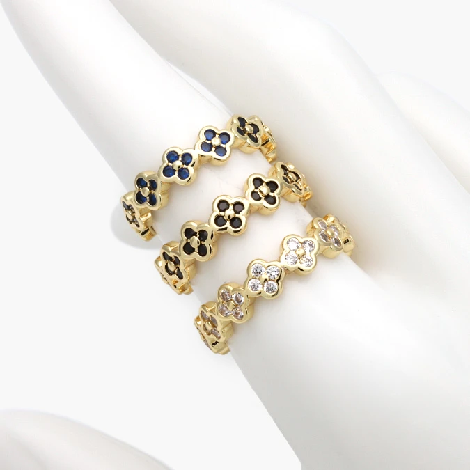 CTB1247 Anillo Ajustable Flores Treboles Zirconias Azules Negras y Blancas Chapa de Oro 1247 - Imagen 1
