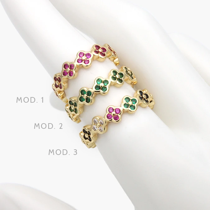 CTB1248 Anillo Ajustable Flores Treboles Zirconias Verdes Chapa de Oro 1248 - Imagen 1