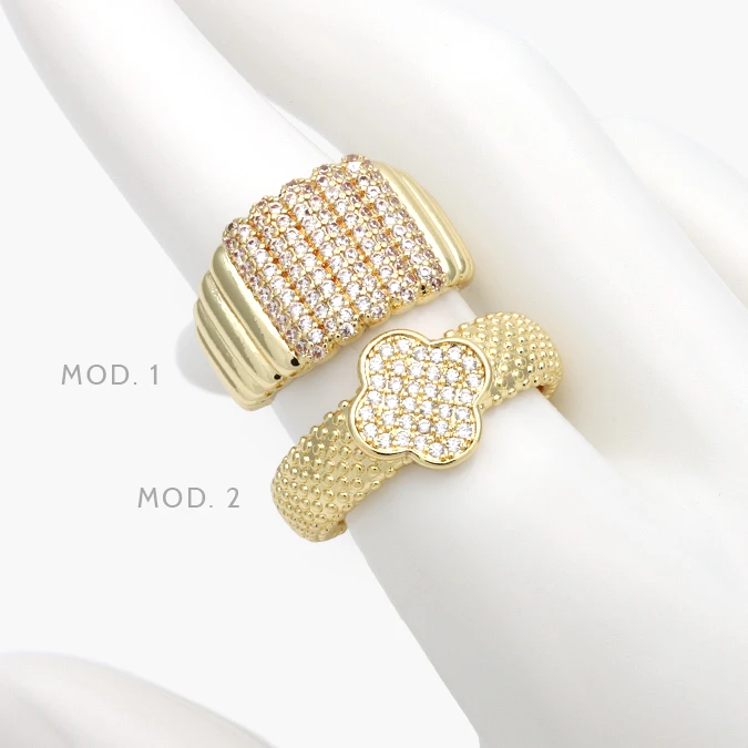 CTB1249 Anillo Ajustable Flor Trebol Zirconias Blancas Chapa de Oro 1249 - Imagen 1