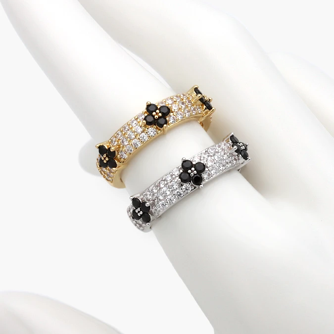 CTB1334 Anillo Churumbela Ajustable Flores Zirconia Negras Chapa de Oro/Rodio 1334 - Imagen 1