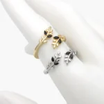 Anillo Ajustable Hojas Zirconia Piedra Negra Chapa de Oro 1336