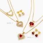 Juego Corazones Perlas Zirconias Rojas Chapa de Oro 74 - Modelo 1