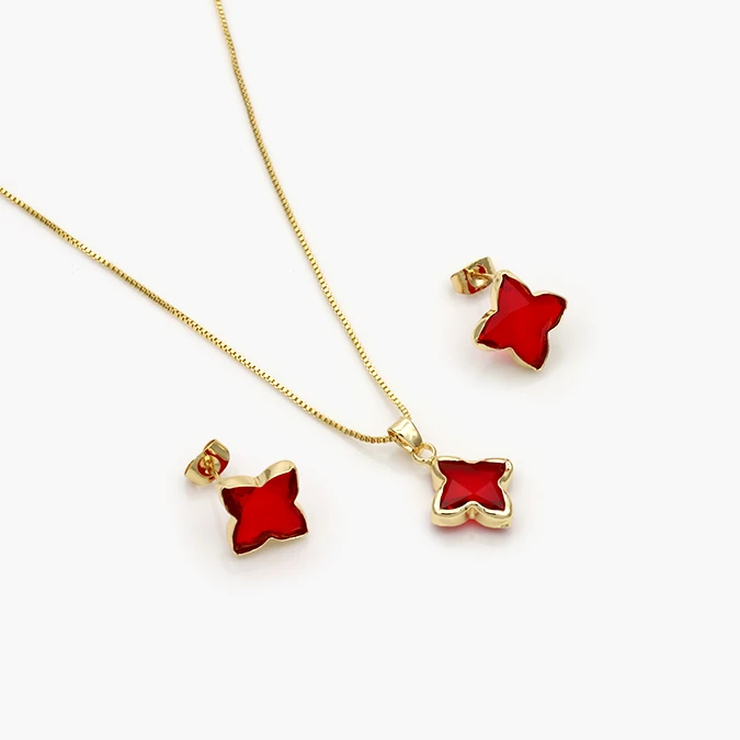 CTJ0093O Juego Flor Zirconia Roja Chapa de Oro 93 - Imagen 1