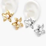 Aretes Flor Perlas Acero Inoxidable 301 - Oro