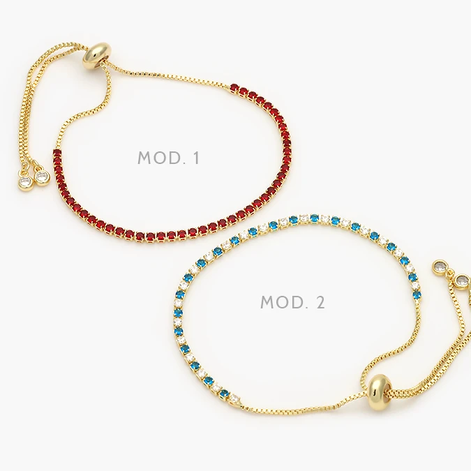 MPU849 Pulso Tenis 2mm. Zirconias Rojas y Azules Micropave Chapa de Oro 849 - Imagen 1