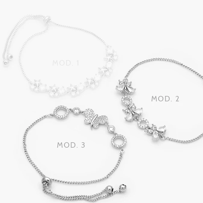 MPU853 Pulso Mariposas Estrellas Zirconias Blancas Ajustable Micropave Chapa de Rodio 853 - Imagen 1