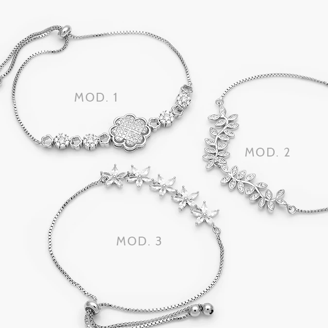 MPU859 Pulso Flores Trebol Zirconias Blancas Ajustable Micropave Chapa de Rodio 859 - Imagen 1
