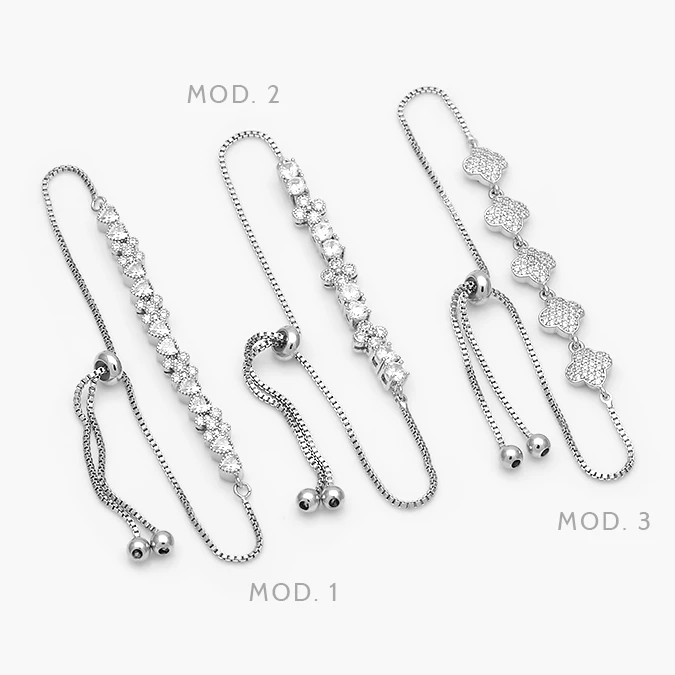 MPU863 Pulso Flor Trebol Zirconias Blancas Ajustable Micropave Chapa de Rodio 863 - Imagen 1