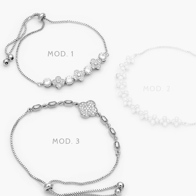 mpu857 Pulso Flores Treboles Zirconias Blancas Ajustable Micropave Chapa de Rodio 857 - Imagen 1