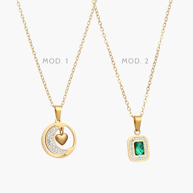 AD0609 Collar Luna Corazon Zirconias Verdes Acero Inoxidable 0609 - Imagen 1