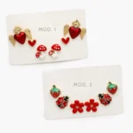 Set Aretes Frutas y Corazones Esmalte Rojo Chapa de Oro 0142