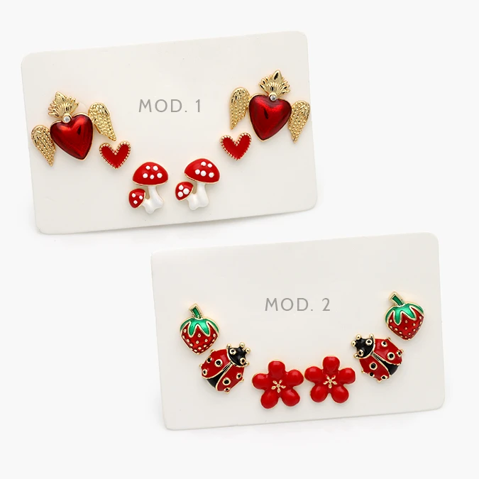 CA20142 Set Aretes Frutas y Corazones Esmalte Rojo Chapa de Oro 0142 - Imagen 1
