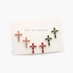 Set Aretes Cruces Zirconias Verdes Rojas y Verdes Chapa de Oro 0143