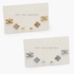 Set Aretes Flores Trebol Zirconia Blanca Chapa de Oro 0147 - Oro
