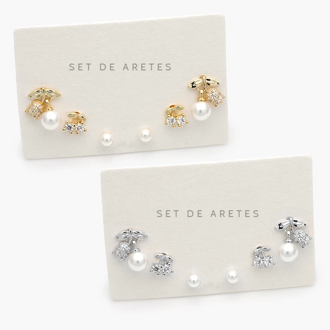 CA20151 Set Aretes Cerezas Perlas con Zirconias Blancas Chapa de Oro 0151 - Imagen 1