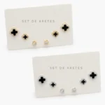 Set Aretes Flores Treboles Esmalte Negro Chapa de Oro 0155 - Oro