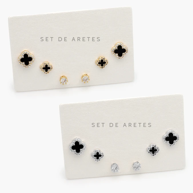 CA20155 Set Aretes Flores Treboles Esmalte Negro Chapa de Oro 0155 - Imagen 1
