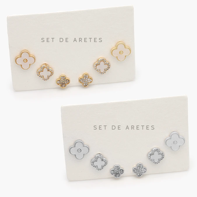 CA20157 Set Aretes Treboles Esmalte Blanco Chapa de Oro 0157 - Imagen 1