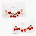 Set Aretes Frutas Corazones Esmalte Rojo Chapa de Oro 0158