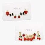 Set Aretes Frutas Esmalte Rojo Chapa de Oro 0159 - Modelo 1