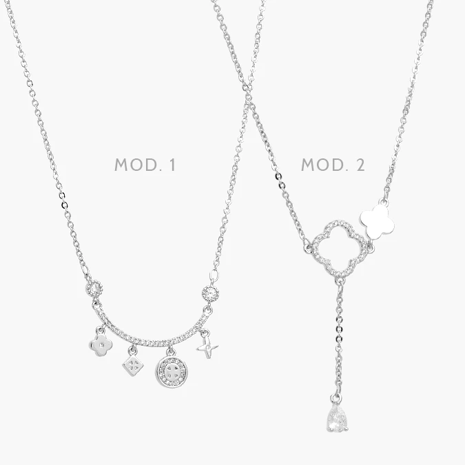 CTD0690 Collar Corbatin Flores Treboles Zirconias Blancas Chapa de Rodio 690 - Imagen 1
