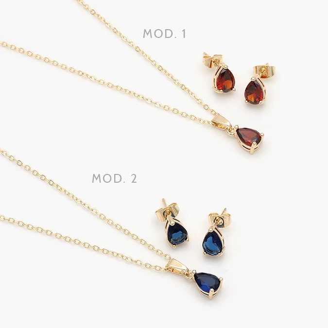 CTJ0112 Juego Zirconia Gota Azul y Roja Chapa de Oro 112 - Imagen 1