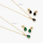 Juego Zirconia Gota Negra y Verde Chapa de Oro 113 - Modelo 1